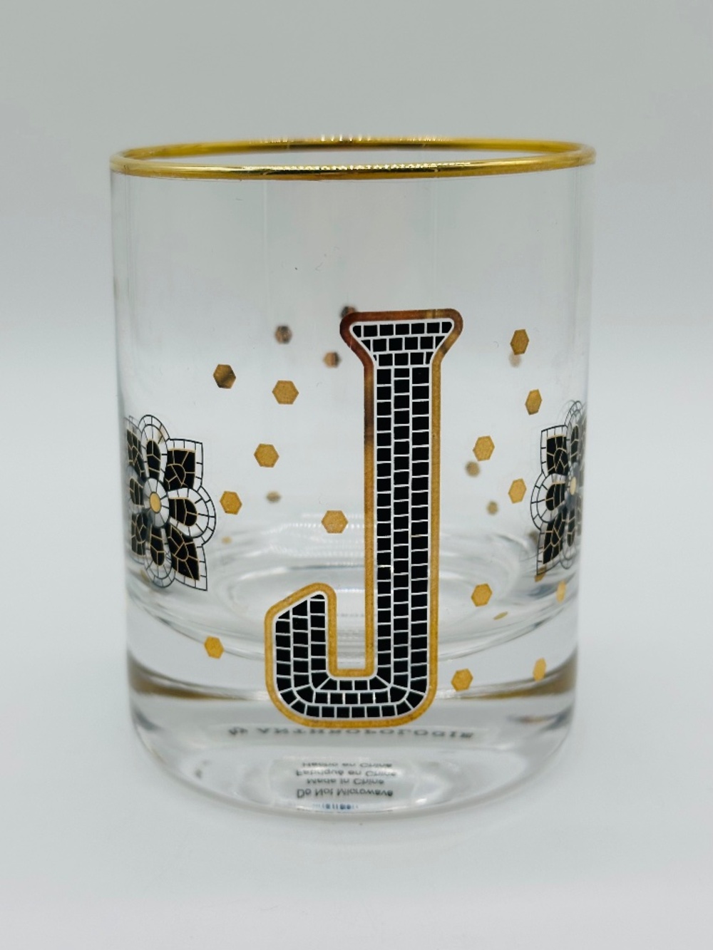 Anthropologie BistroTile Monogram "J" Old Fashioned Drinking Glass 24K Gold Rim